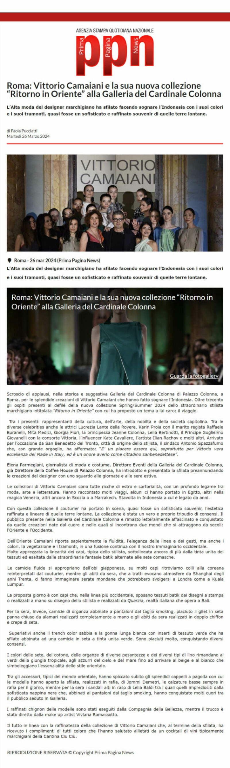 Roma: Vittorio Camaiani e la sua nuova collezione “Ritorno in Oriente” alla Galleria del Cardinale Colonna, Prima Pagina News, 26 marzo 2024