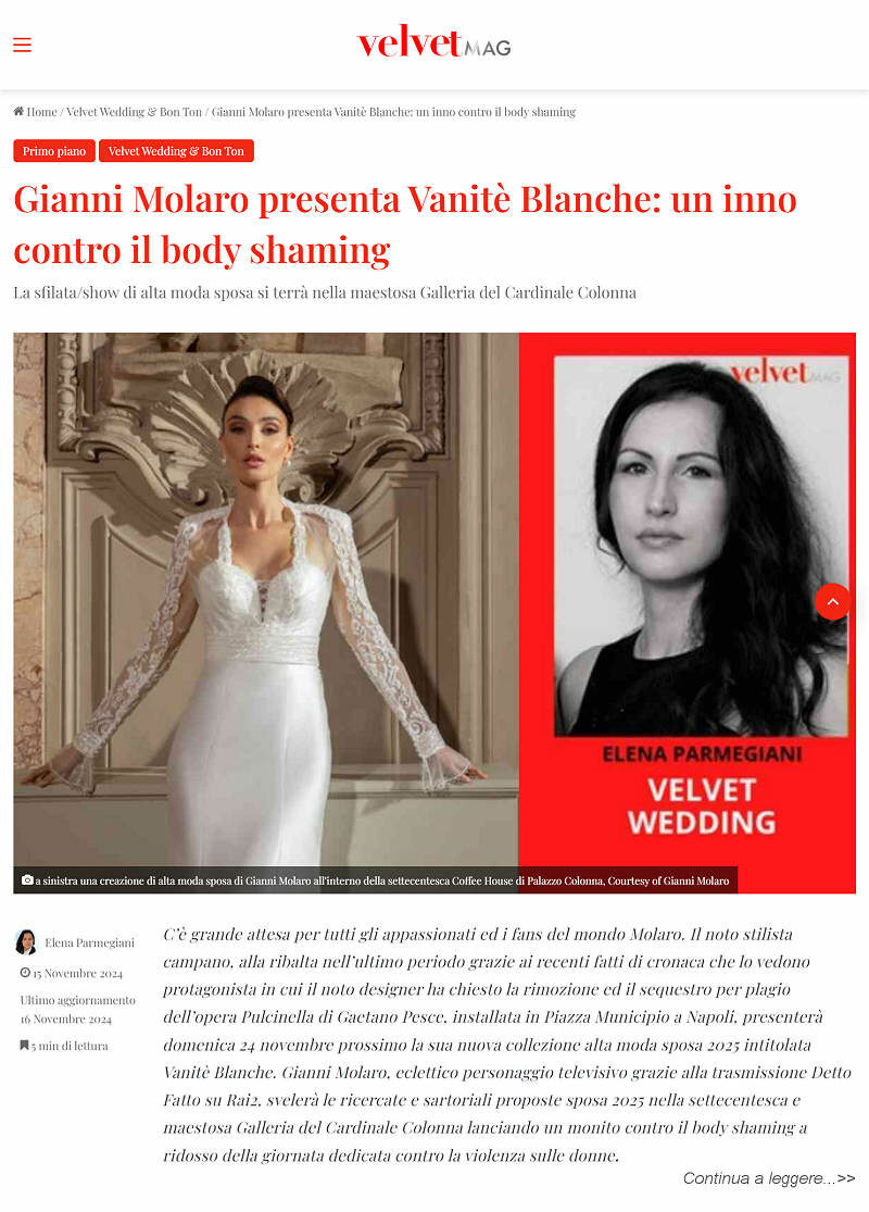 Gianni Molaro presenta Vanitè Blanche: un inno contro il body shaming, VelvetMAG, 15 novembre 2024